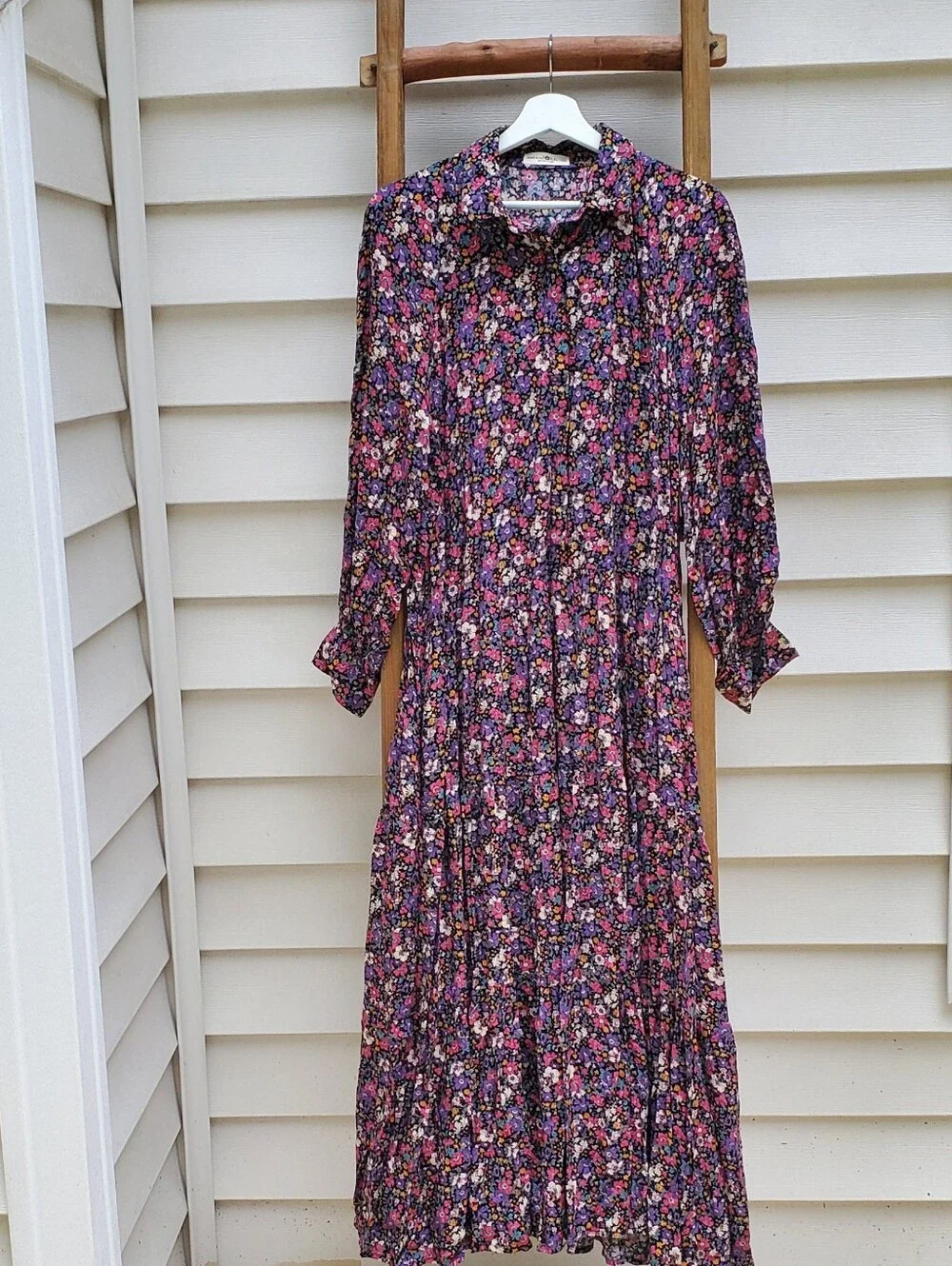 Natural Life Floral Long-Sleeve Button-Front Midi Dress Size XL